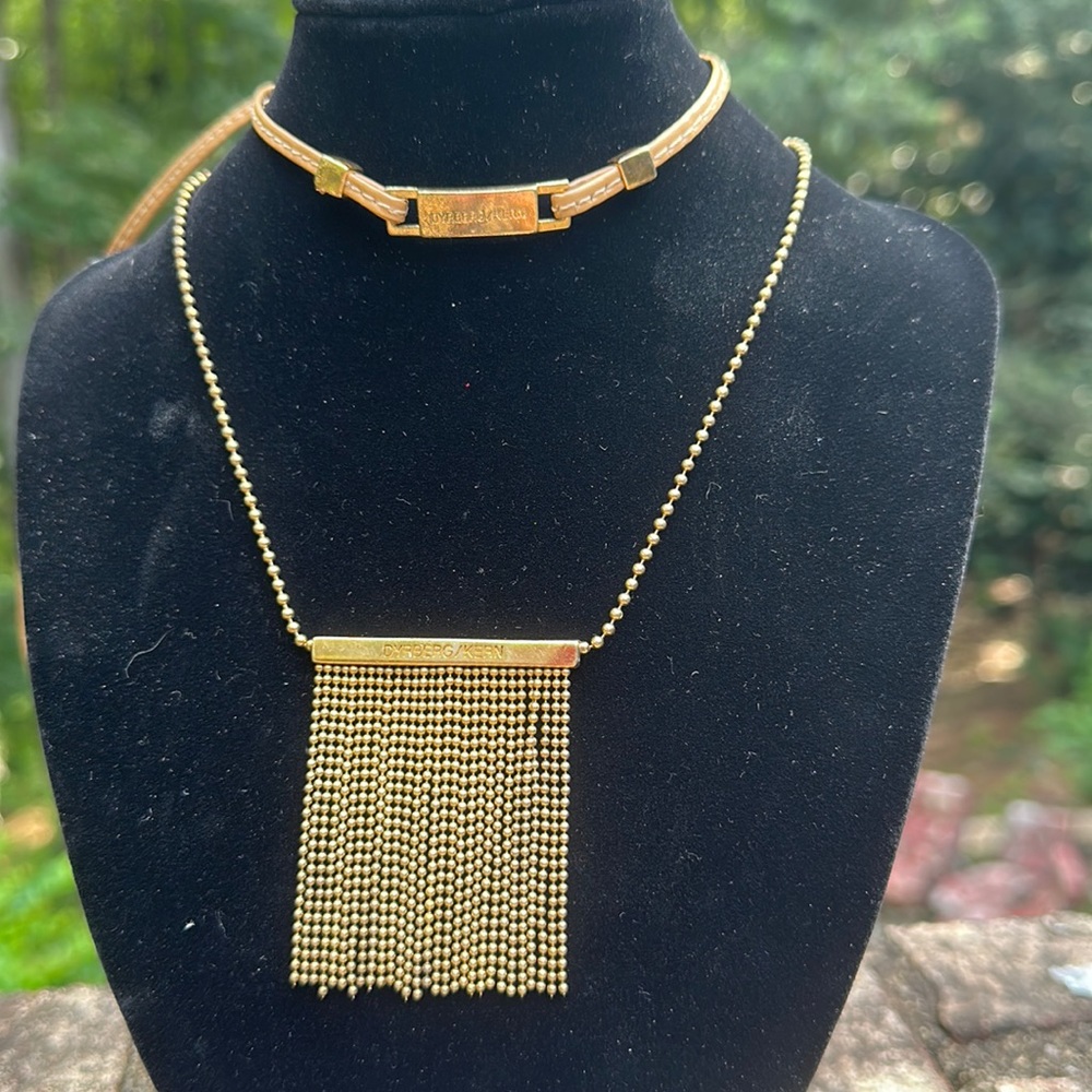 Dyrberg/Kern Gold Fringe Necklace and Tan Wrap Bracelet